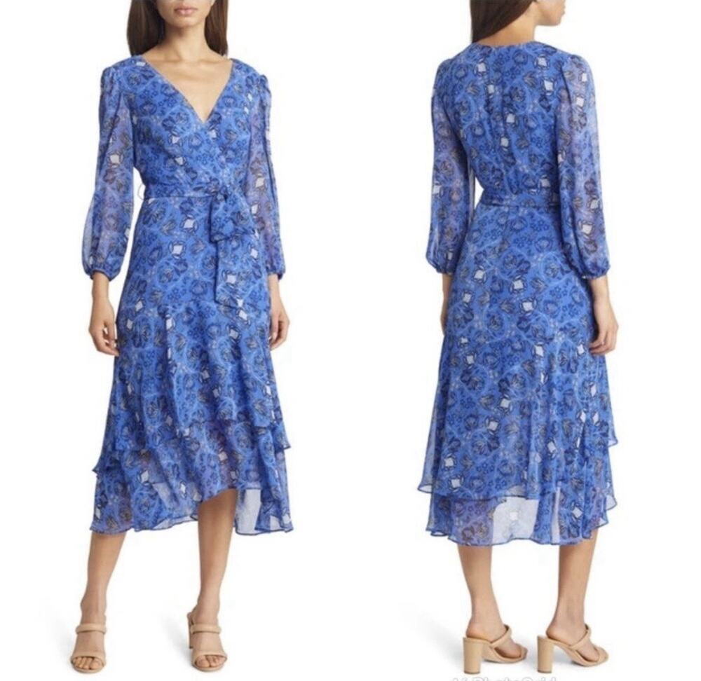Eliza J Dress 2 Blue Floral Long Sheer Sleeves Surplice Chiffon Tiered Midi Slit